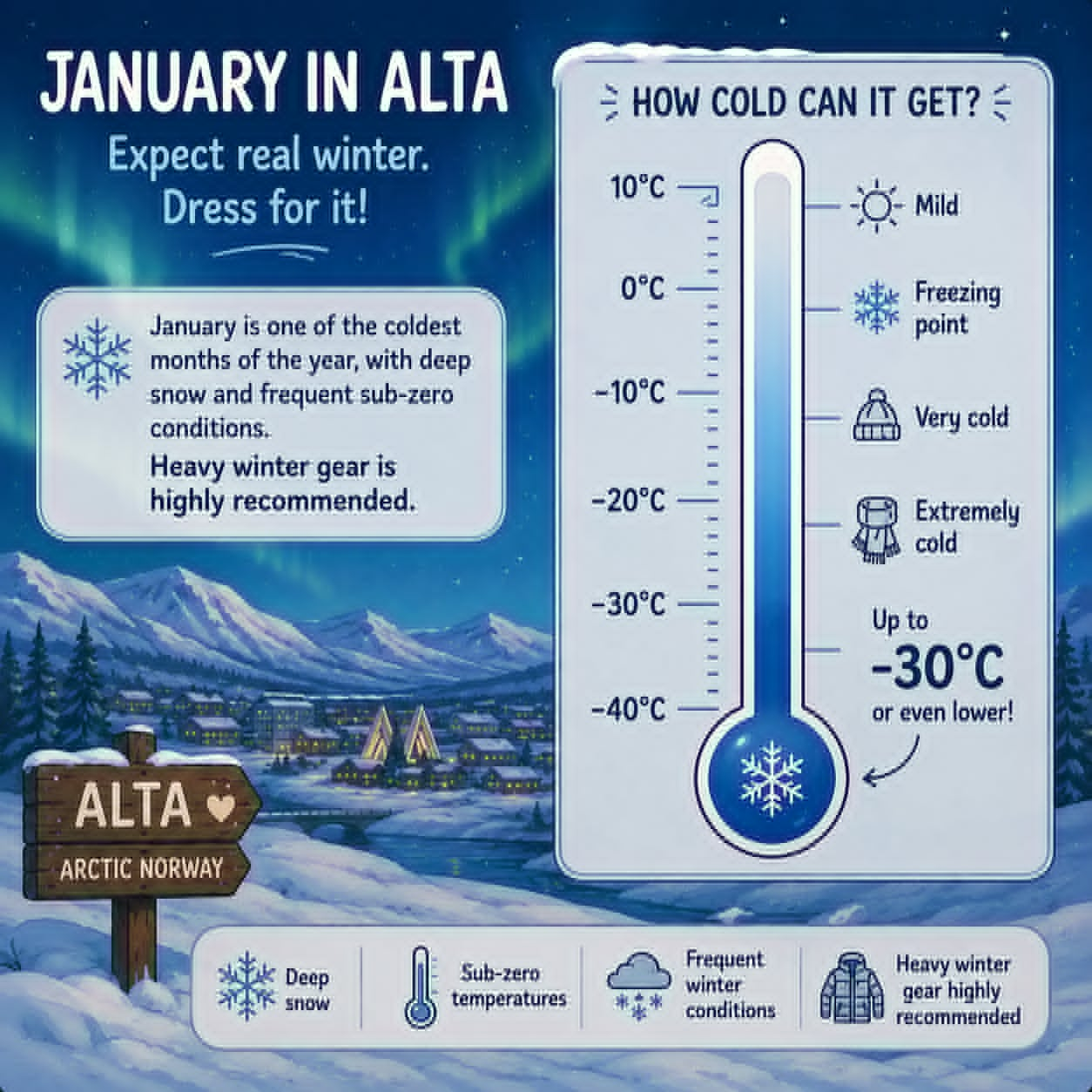 January in Alta — expect temperatures down to -30°C, deep snow, and sub-zero conditions